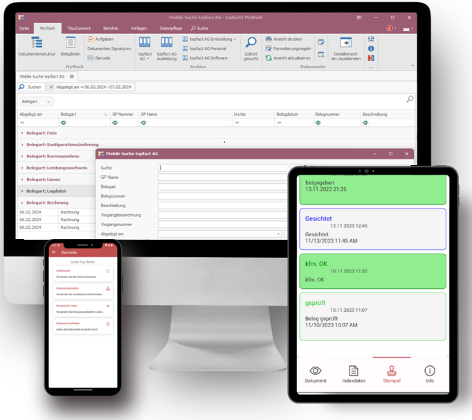 Mobile Endgeräte mit der topfact MyWork Anwendung für Mobile Dokumente: Desktop, Tablet, Mobiltelefon
