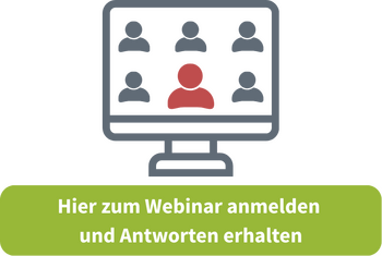 Symbolische Darstellung eines Webinars durch einen Bildschirm mit mehreren Teilnehmern in grau und einem Webinarleiter in rot  mit Link zum Anmeldeformular