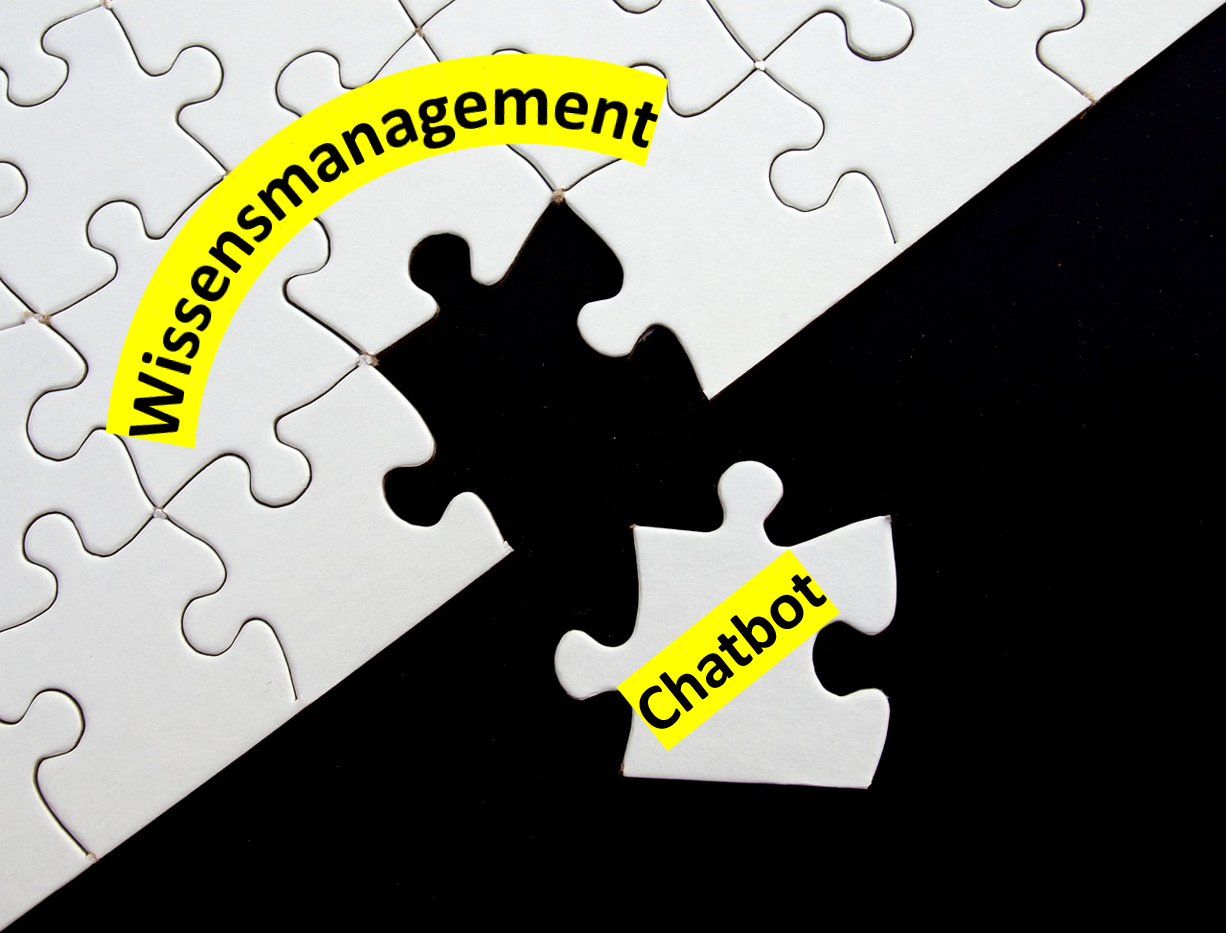 Symbolhafte Darstellung eines Chatbots als strategisches Puzzlestück im Wissensmanagement.