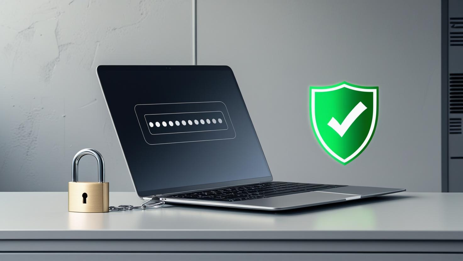Laptop mit Vorhängeschloss und grünem Sicherheitsschild – Symbol für erfolgreichen IT Security Check.